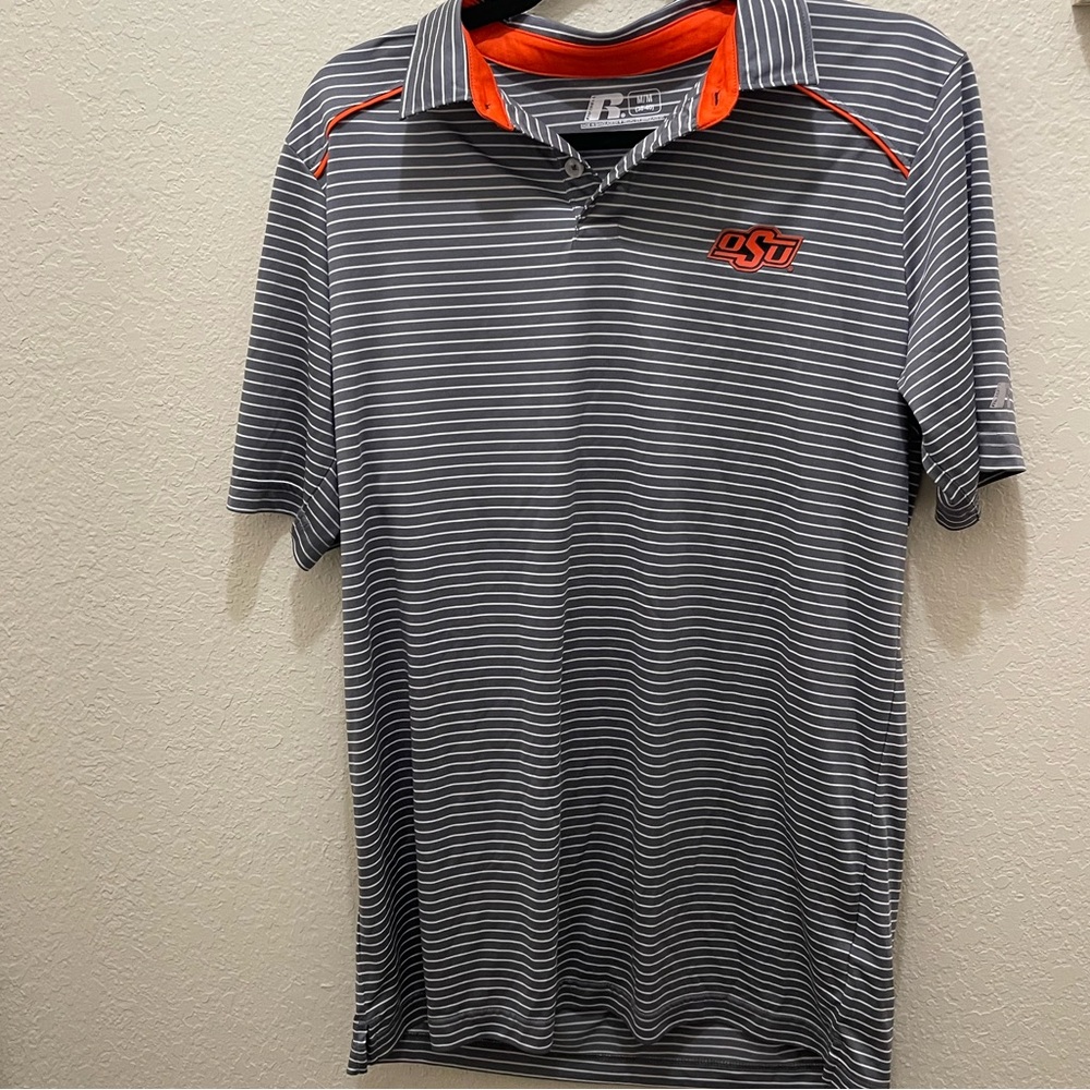 Russell Athletic Gray & Orange Striped Polo with OSU Logo